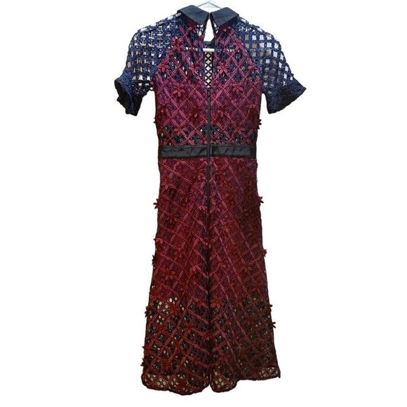 Self-Portrait Floral Grid Midi Dress Lace Collared US 2 UK 6 Extra Small - Picture 5 of 8
